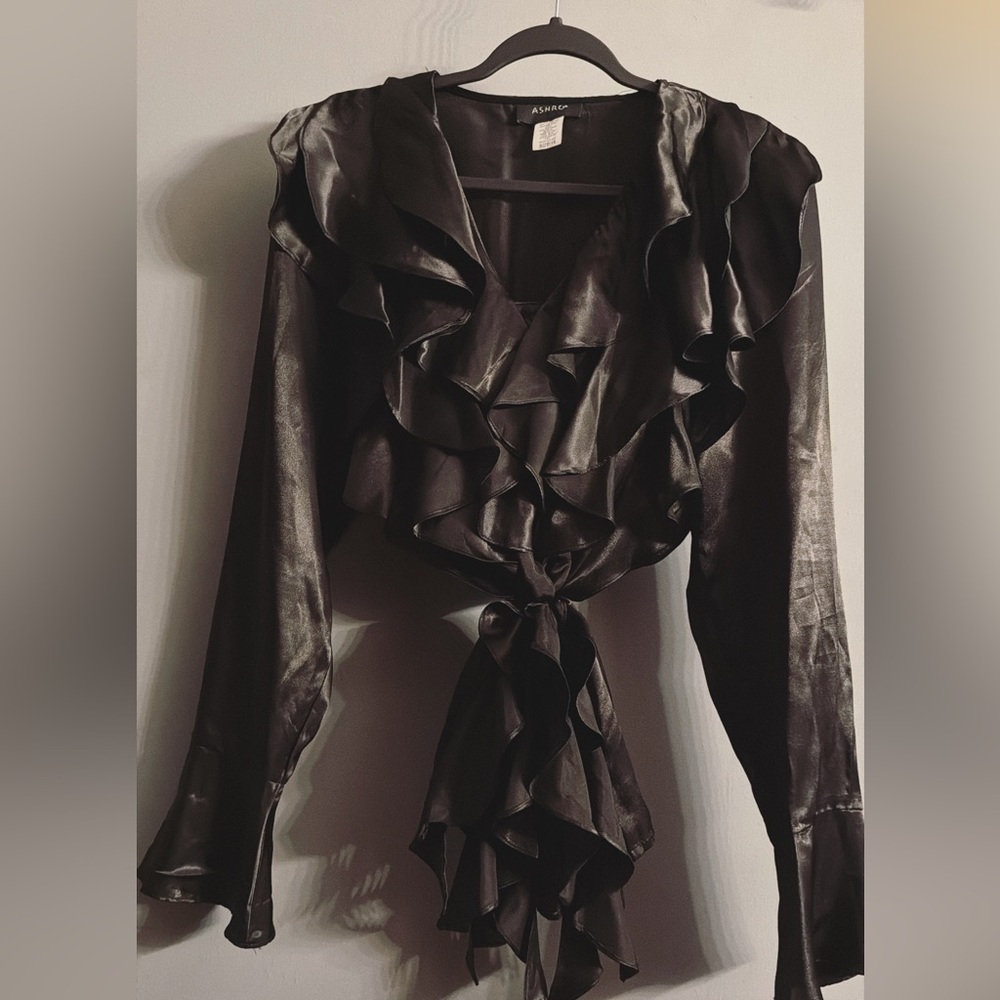 Black Satin Ruffle Statement Blouse Romantic Glam Evening Top - Picture 3 of 4